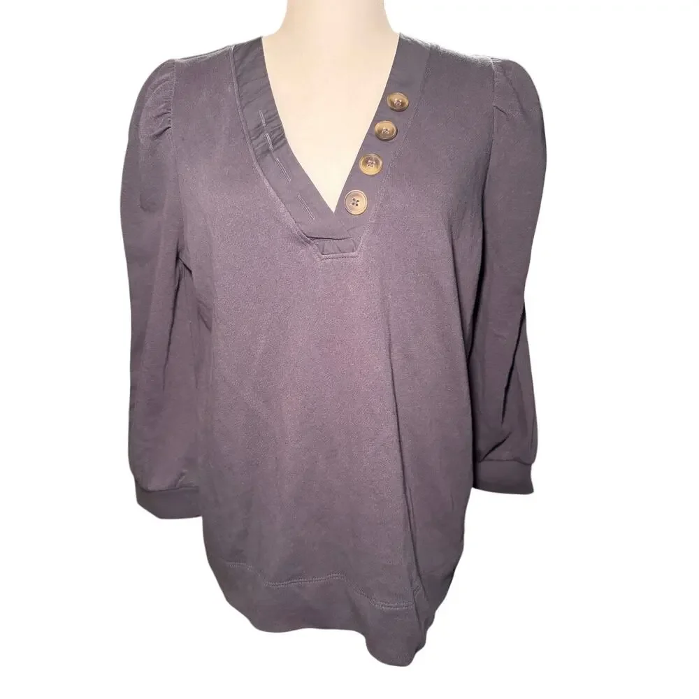 LOFT Gray Button V-Neck Puff Sleeve Tunic Shirt, Cotton Modal Women Medium, NWT